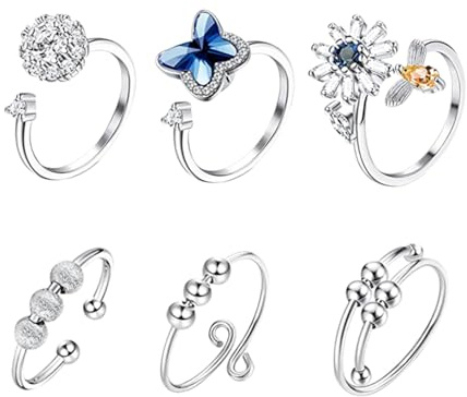 LRXIYODE 6 Stück Drehbare Kupfer Fingerringe zur Stresslösung Verstellbar und Stilvoll Modischer Fingerschmuck für Täglichen Gebrauch