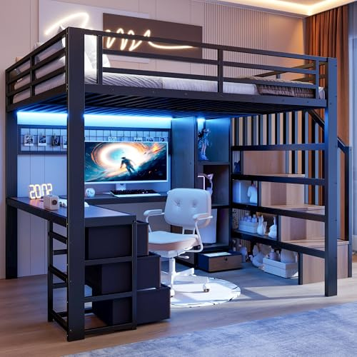 ZIDEY Hochbett 140 x 200 mit LED&4 Schubladen&Ablagefach&Schreibtisch, Eisenrahmen, Metallbett Etagenbett mit Treppe, Bettgestell, Ohne Matratze, Schwarz