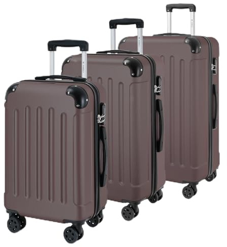YONSLY Gepäckset Suitcase, Reisekoffer, Trolley Rollkoffer Handgepäck, Hartschalenreisekoffer mit 360° Lenkrollen, Zahlenschloss, Mehrstufiger Teleskopgriff (M-L-XL-Set, Braun)