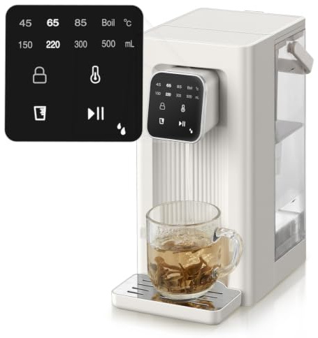 Instant Hot Water Dispenser, 4 Temp Settings (45°C-100°C),4 Volume Options(150ml-500ml), Digital Touch Screen One Cup Kettl, 2.5L Removable Tank, Safety Lock, for Hot Drinks and Tea, White