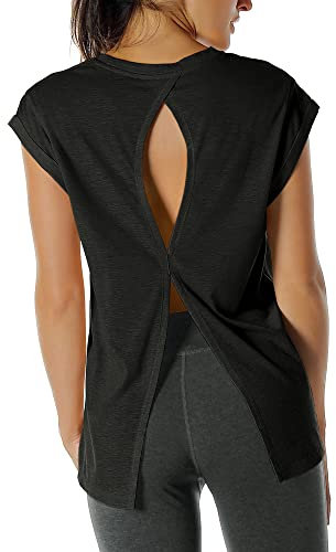 icyzone Damen Fitness-Trainings Kurzarm Shirt Yoga Top Loose Fit Rückenfrei Sport T-Shirt (XL, Black)