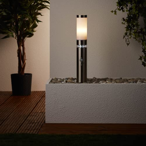 Lightbox Pollerleuchte für den Außenbereich - Spritzwassergeschützte Sockelleuchte mit Dämmerungsschalter für LED-Kranz - Stehleuchte mit einstellbarem Bewegungsmelder - Metall/Kunststoff Edelstahl