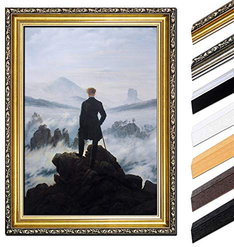 Bild mit Rahmen - Caspar David Friedrich Der Wanderer über dem Nebelmeer 70x90 cm - Gerahmtes Leinwandbild Alte Meister - Antiker Rahmen Gold Barock, Klassisch