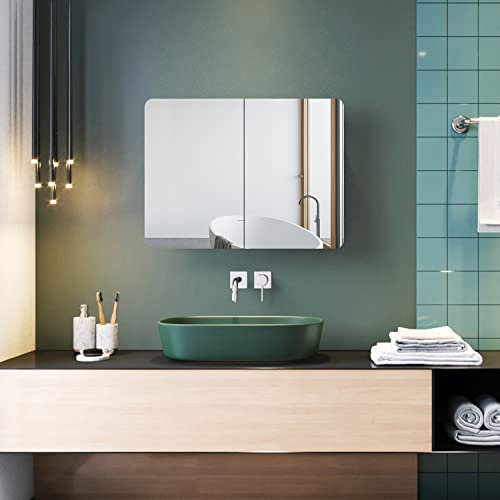 ELEGANT Bathroom Cabinet Double Mirror Wall Mounted Stainless Steel Modern Storage Cupboard 2 Door with Adjustable Shelves 600 x 800 mm