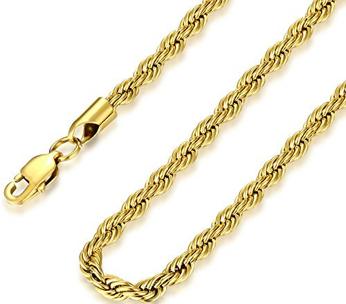 FOSIR 5mm Stainless Steel Mens Womens 18ct Real Gold Plated Twist Rope Chain Necklace, 18-30 Inch