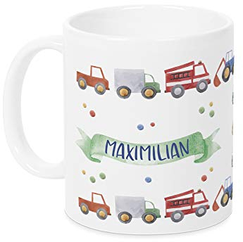 GRAZDesign Kindertasse mit Namen, Tasse Kinder, personalisierte für Junge Trinkbecher Kindergeschirr Kinder Becher Schwarz, Keramik BPA-frei, 330ml Motiv Auto Feuerwehr