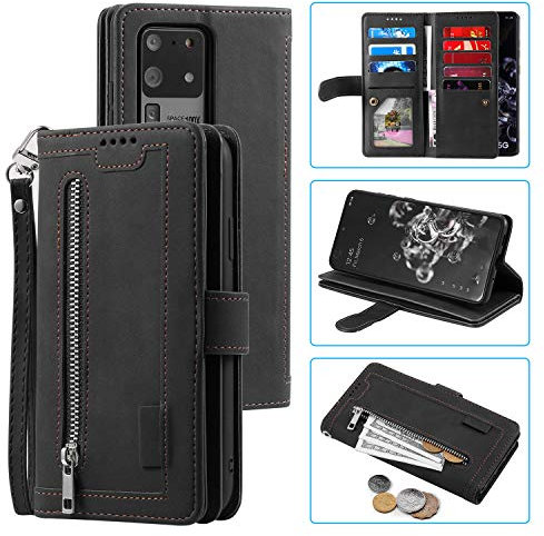 UEEBAI Hülle für Samsung Galaxy S21 Ultra 5G, Retro Reißverschluss Handyhülle PU Leder Klapphülle Silikon Bumper mit 9 Kartenfächer Standfunktion Geldbörse Trageband Schutzhülle Wallet Case - Schwarz