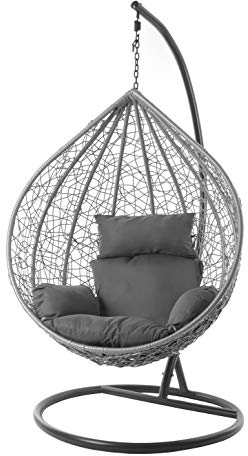 Kideo® Komplettset: großer Hängesessel mit Gestell & Kissen, Lounge Möbel, Poly-Rattan, XXL, grau (Kissen: dunkelgrau Nest (8999 Shadow))