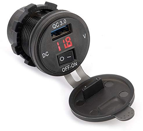 Terisass Car Charger, Quick charge 3.0, Waterproof USB Charger Socket with LED Digital Voltage Monitoring Function & On/Off Switch for Motorcycles Car