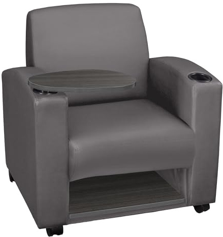 Regency Nova Arm Chair with 360-Degree Swiveling Tablet, Ash Grey Finish, Grey Vinyl Upholstery, Under-Seat Storage, Ergonomic Design for Office, Home, Study, or Lounge Seating