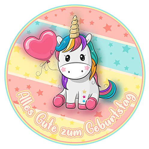 J&M DECO Tortenaufleger Einhorn – essbare Kuchendeko Ø 20 cm – Tortenbild für Mädchengeburtstag mit Regenbogen-Motiv – Tortendekoration aus Zuckerpapier – gebrauchsfertig