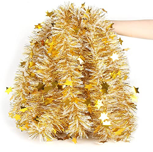 LOMIMOS Lametta-Girlande, weißgold, glitzernd, Dekoration für Weihnachtsbaum, Party, Hochzeit, 90 cm