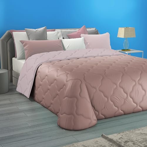 CLARA HOME Trapunta Una Piazza e Mezza Invernale 300gr/mq Double Face Color Cipria/Rosa, Piumone in Soffice Velluto Manopesca, Made in Italy
