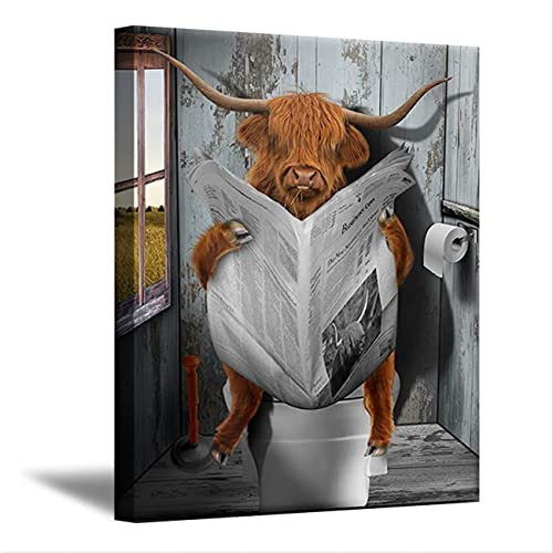 ZHONGYUTONG Lustiges Toiletten Wandbild mit Rahmen Hochlandrinder Kühe lesen Zeitungen in der Toilette Poster und Kunstdruck Modernes Badezimmergemälde für die Wand (40x60cm)