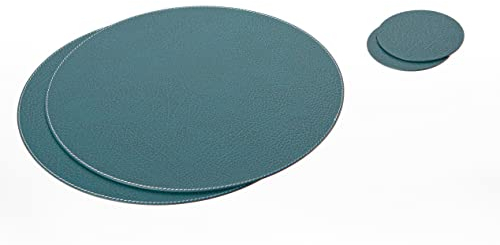 Nikalaz Rund Platzsets und Untersetzer aus Recyceltem Leder, Tisch-Sets, 2 Stück Tisch-Matten, Platzdeckchen 33 cm (Petroleumgrün)