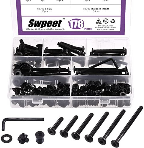 Swpeet 180Pcs M6 Acciaio al carbonio Nero Hex Drive Socket Cap Bulloni e Inserti filettati Dadi con T Dado a 4 punte Tee Dadi ciechi e Rondelle Piatte, 1Pcs Bulloni Chiave Completamente Filettati