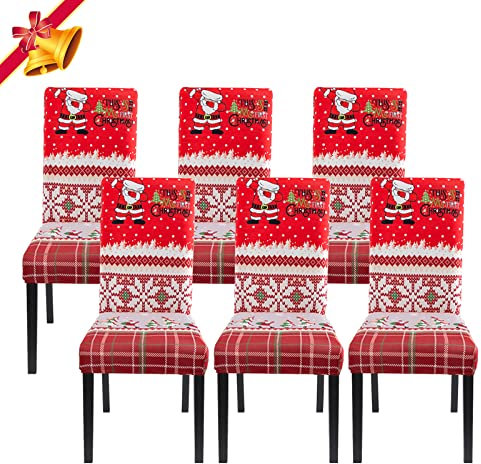 Jaotto Stuhlhussen Weihnachten 6er Set Universal,Stuhlhusse Stretch Moderne,Stuhlhussen Schwingstühle Elastische Langlebig Stuhlhussen für Feiertagsdekoration Weihnachten(Rot/Xmas,6 Stück)
