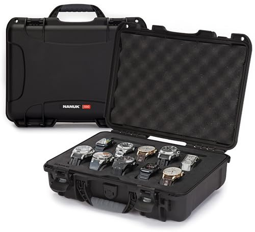 NANUK 910 – Wasserdichter Reisekoffer für Uhren, 10 Fächer, stoß- und staubfest, als Handgepäck geeignet, Innenausstattung aus Premium-Schaumstoff (36,3 × 28,2 × 12 cm) (Schwarz)