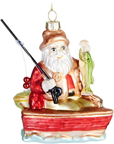 BRUBAKER Angler Weihnachtsmann mit Angel und Fisch Weihnachtskugel aus Glas - Handbemalt und Mundgeblasen - Christbaumschmuck Lustig - Figuren Weihnachtsdeko Anhänger - Deko Baumkugel