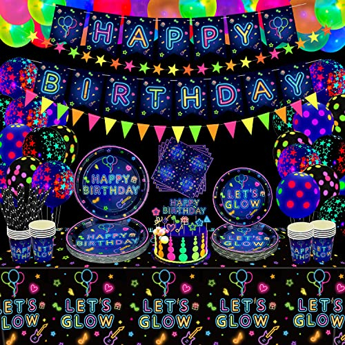 Dvaorc 168 PCS Fournitures de fête néon Let's Glow Set de Vaisselle Lumineuse Bannière d'anniversaire phosphorescente Bannière pour décoration de fête à la lumière Noire pour 20 Personnes