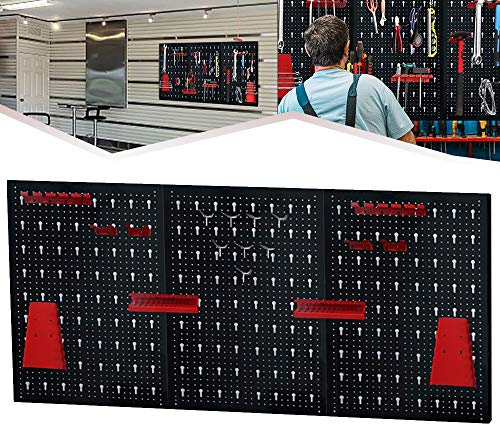TRMLBE Pared de herramientas de 120 x 60 x 2 cm, perforada de metal con accesorios, juego de chapa perforada de tres piezas con 17 ganchos para taller