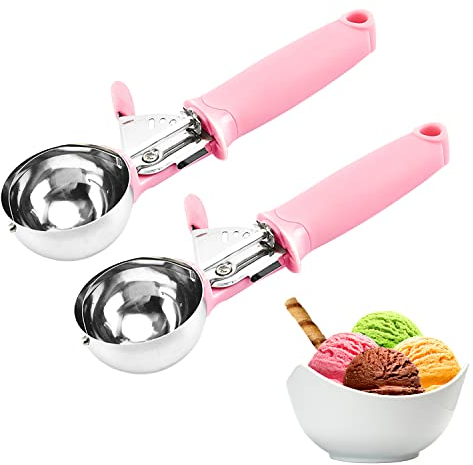 Paquete de 2 cucharas de helado para masa de galletas con gatillo rosa para masa de galletas, magdalenas, masa de helado, control de porciones (rosa)
