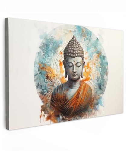 MuchoWow© Leinwand Groß 120x80 cm XXL Deko Schlafzimmer Aesthetic Leinwandbilder Wohnzimmer Gemälde Foto Geschenk Living Room Decoration Buddha - Statue - Weiß - Münze