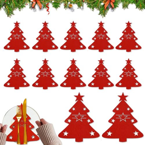 Udbrud Weihnachtsbaum Besteckhalter, 12 Stück Besteckhalter Weihnachten Filz Bestecktasche Tannenbaum Weihnachtsbesteckhalter Set für Messer Gabel Löffel Besteck Weihnachten Deko