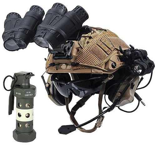 SIANKO Fast PJ Paintball Airsoft Helmet Set,with Tactical Headset,Goggles,Battery Pouch,Signal Light,Flashlights,Metal L4G24,NVG Model,Dummy Flashbang Model Light (Tan)