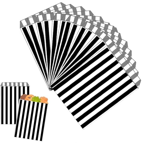 100 Schwarz Gestreifte Papiertüten, 12x18cm, SchenkePapiertüten, Schokolade, Bonbons und Plätzchen Für Kinder,Pommes und Dergleichen, Feten Für die Weihnachtsfeier und die Geburtstage.