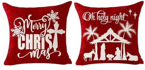 NIDITW 2er-Set Schneeflocke Jesus Oh Holy Night Baumwolle Leinen Dekorativer quadratischer Kissenbezug Kissenbezug für Sofa Couch 45,7 x 45,7 cm (1-Jesus)