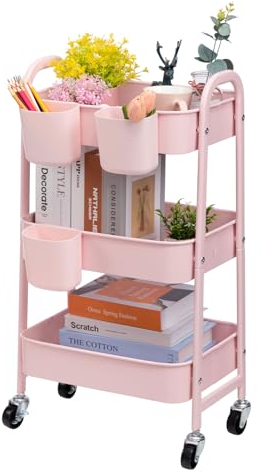 DOEWORKS Carrello con Ruote Portatutto Carrello Cucina Metallo Carrellino 3 piani dei Libri Carrello da Portata Carrello Portaoggetti per Camera Bagno Ufficio, Rosa con Tazze
