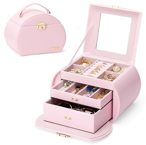Yorbay Boîte à bijoux à 3 niveaux, verrouillable avec miroir, boîte à bijoux série Seelux pour colliers, montres, bagues, bracelets, boucles d'oreilles (Rose clair + Or)
