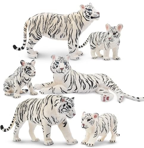 TOYMANY 6 Stück Weiße Tiger Tiere-Figuren mit Tigerjungen, Dschungeltierfiguren Spielzeugfiguren, Familienset mit Baby-Tigern Spielset, Wild Kuchen Topper Ornamente, Tiere Thema Geburtstag Party