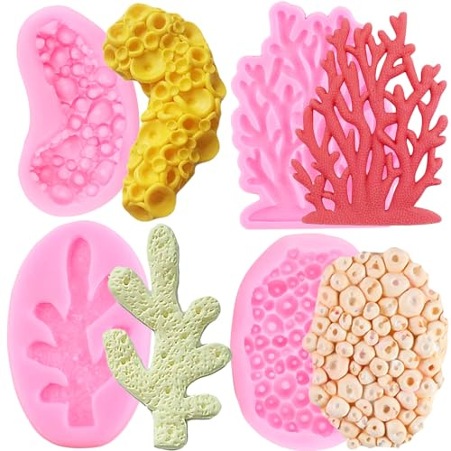 RFGHAC Sea Coral Silikonformen Seetang Fondant Form für Schokolade Süßigkeiten Kuchen Dekoration Cupcake Topper Polymer Clay Gum Paste 4 Stück