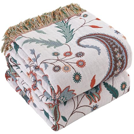 STASOPTK Überwurfdecke für Bett, 100% Baumwolle, Blumenmuster, 203 x 228 cm, Weiß
