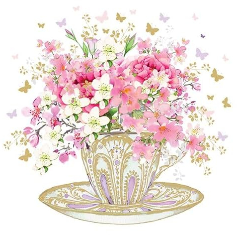 AvanCarte Servietten Tischdeko Geburtstag Natur Blumen in Tasse 20 Stück 3-lagig 33x33cm
