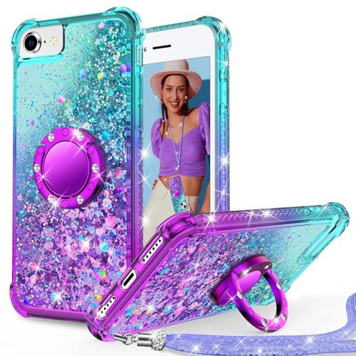 Unlicaku for iPhone 8/7, iPhone SE 2020/2022 Case, with Ring Women Girls Bling Holographic Sparkle Glitter Cute Cover, Diamond Ring Protective Phone Case, Purple