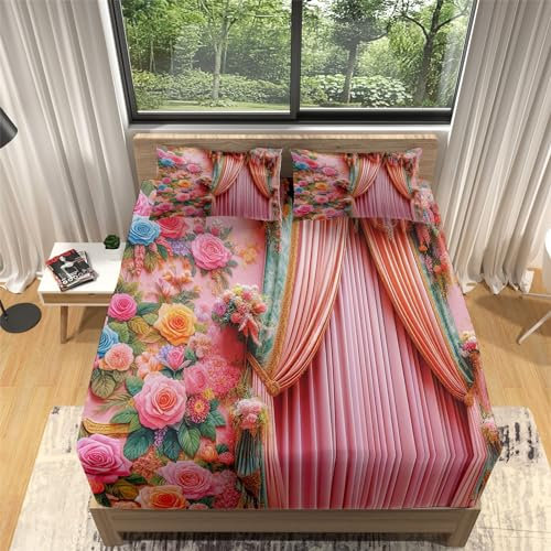 Rot Spannbettlaken 140x200cm Rosen & VorhäNge Spannbetttuch Boxspringbett Weiches Microfaser, Bis 30cm Matratzenhöhe, Elastisches Matratzenschoner für Boxspringbett & Wasserbett