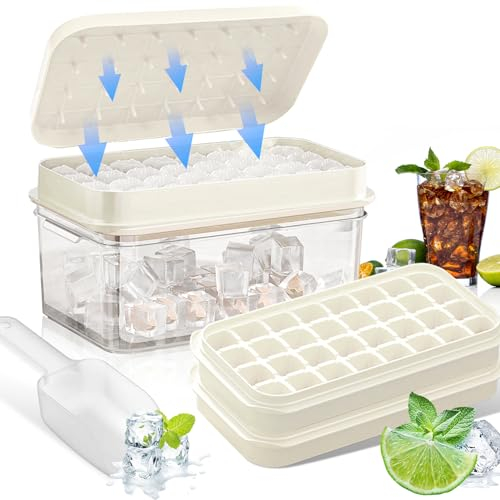 Eiswürfelbehälter mit Deckel und Behälte, Lebensmittelechte Eiswürfelform Doppelschicht Stapelbar, 56 Stück Ice Cube Tray mit Eisschaufel, Alle Eiswürfel in einer Sekunde Freigeben (Milch Weiß)