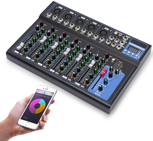 7 Kanal Stereo Sound Mischkonsole, Mischpult mit USB Bluetooth DJ Live Audio Mixer mit Hall-Effekt für Karaoke Stage Aufnahme, Heim-KTV, Aufnahmestudios, Live-Streaming, 48V Phantom Power