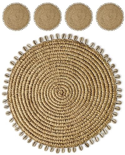 Karmagonia 4er Tischset mit Muscheln im Boho Stil - Handgefertigtes Platzset rund aus 100% Naturfasern - nachhaltige Untersetzer für Teller, Platzdeckchen für Esstisch