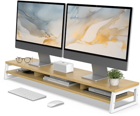 Fenge Soporte de Monitor de Madera con Marco de Metal, Elevador Monitor de 2 Capas para Doble Monitor, Organizador de Almacenamiento de Escritorio para el Hogar o la Oficina, 108x25,5x13,7cm (Roble)
