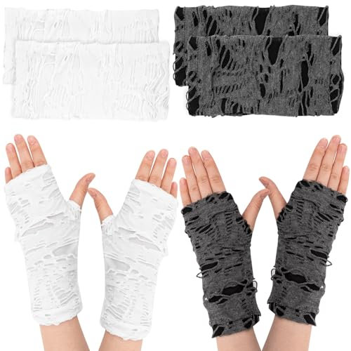 SREBIWO 2 Paar Halloween Fingerlose Handschuhe,Spinnennetz Punkhandschuhe,Zerrissene Halloween Handschuhe,Punk Spinnennetz Spitzenhandschuhe für Halloween Cosplay Party Kostüm Kostümzubehör