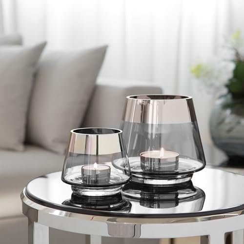 FINK Teelichthalter Set 2-teilig Jona - Kerzenglas Windlichter Glas Set - Kerzengläser Farben: Grau/Silber - Höhe 9/13 cm