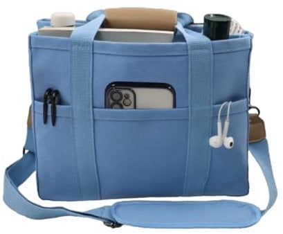 AioTio Canvas Tragetasche Damen Multi-Pocket Tasche Casual Organisiert Schultertasche Tote Bag für Student, Mütter, Büroangestellte(Blau)