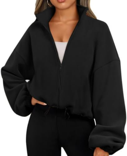 Famulily Ladies Casual Sweatshirts Full Zip High Neck Sweaters Cozy Lightweight Short Athletic Tops Black S