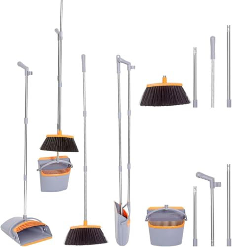 Meown Long Handle Broom and Dustpan Set with Comb Teeth - Self-Cleaning Dustpan and Broom for Home, Room, and Kitchen - Keeps All Surfaces Tidy (Orang-Grey)