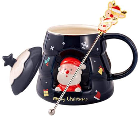 Tazza Di Natale - Tazze Da Caffè Babbo Natale, Tazze Di Cioccolato Caldo In Ceramica | Tazze Carine Con Manico Del Coperchio E Cucchiaio, Tazza Da Caffè Divertente, Bicchieri Da Vacanza, Tazza Di