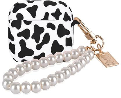 DiyGody Niedliche Tasche Kompatibel mit Airpods 4 Generation 2024, Weiches Silikon Hülle mit Kuh Muster für Mädchen Frauen, Stoßfeste Anti-Rutsch Anti-Staub Schutzhülle mit Perlen Schlüsselanhänger